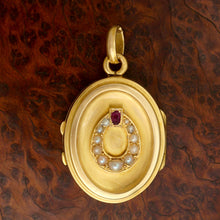 Load image into Gallery viewer, Antique French 18K Gold Locket Pendant, Seed Pearls & Ruby Horseshoe