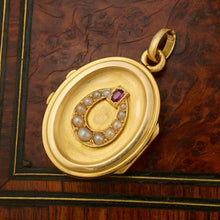 Load image into Gallery viewer, Antique French 18K Gold Locket Pendant, Seed Pearls & Ruby Horseshoe