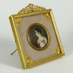 Antique French Miniature Portrait Painting, Dore Bronze Frame