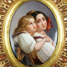Load image into Gallery viewer, Antique German Hand Painted Porcelain Portrait Plaque, Mother & Daughter, Ornate Gilt Frame