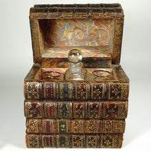 Load image into Gallery viewer, Antique French Trompe l’Oeil Books Liquor Caddy Tantalus Box, Decanter & Shot Glasses Secret Hidden Mini Bar