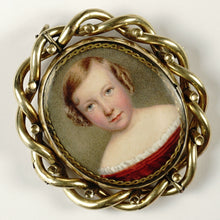 Load image into Gallery viewer, Antique Victorian 10K Gold Swivel Brooch, Miniature Portrait Painting of a Girl, Hair Art Memento Locket, Dated 1859