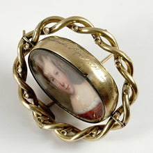 Load image into Gallery viewer, Antique Victorian 10K Gold Swivel Brooch, Miniature Portrait Painting of a Girl, Hair Art Memento Locket, Dated 1859