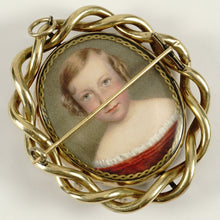 Load image into Gallery viewer, Antique Victorian 10K Gold Swivel Brooch, Miniature Portrait Painting of a Girl, Hair Art Memento Locket, Dated 1859
