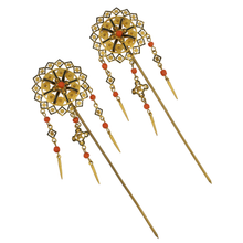 Load image into Gallery viewer, Victorian Etruscan Revival Hair Combs Coral and Black Enamel Hair Pins, Ornaments