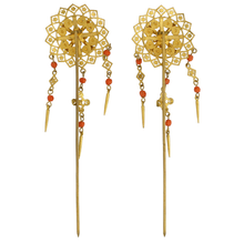 Load image into Gallery viewer, Victorian Etruscan Revival Hair Combs Coral and Black Enamel Hair Pins, Ornaments