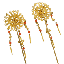 Load image into Gallery viewer, Victorian Etruscan Revival Hair Combs Coral and Black Enamel Hair Pins, Ornaments