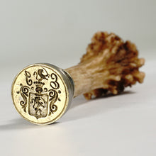 Load image into Gallery viewer, Antique French Carved Deer Antler Wax Seal Desk Stamp, Armorial Intaglio Matrix, de Chaignon Family Coat of Arms