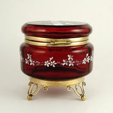 Load image into Gallery viewer, Antique Victorian Bohemian Enamel Ruby Glass Box, Birds, Vanity, Trinket Box, Powder Jar