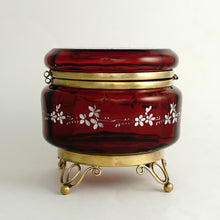 Load image into Gallery viewer, Antique Victorian Bohemian Enamel Ruby Glass Box, Birds, Vanity, Trinket Box, Powder Jar