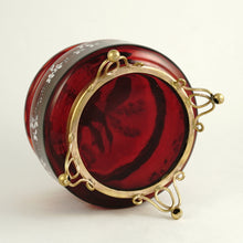 Load image into Gallery viewer, Antique Victorian Bohemian Enamel Ruby Glass Box, Birds, Vanity, Trinket Box, Powder Jar
