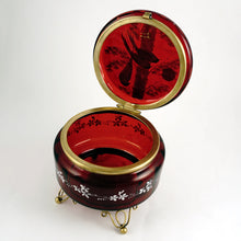 Load image into Gallery viewer, Antique Victorian Bohemian Enamel Ruby Glass Box, Birds, Vanity, Trinket Box, Powder Jar
