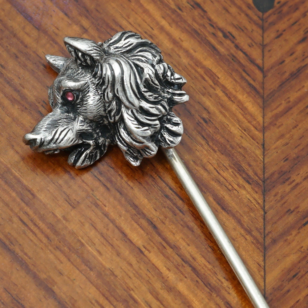Antique Victorian Silver Wolf Head Stick Pin Lapel Pin, Pink Cabochon Eye