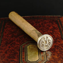Load image into Gallery viewer, Antique Silver Armorial Wax Seal, Rooster & Sword Coat of Arms Desk Stamp