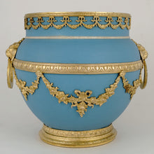 Load image into Gallery viewer, Antique Wedgwood Blue Jasperware Cache Pot Vase Gilt Bronze Mounts
