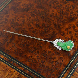 Art Deco Carved Jade & Yellow Diamond 18K Gold Stick Pin