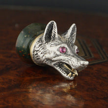 Load image into Gallery viewer, Antique Victorian Silver & Gold Wolf Wax Seal, Ruby Eyes, Bloodstone Matrix