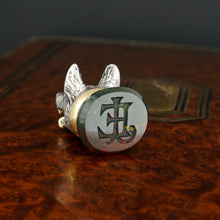 Load image into Gallery viewer, Antique Victorian Silver & Gold Wolf Wax Seal, Ruby Eyes, Bloodstone Matrix