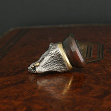 Load image into Gallery viewer, Antique Victorian Silver & Gold Wolf Wax Seal, Ruby Eyes, Bloodstone Matrix