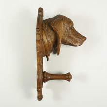 Load image into Gallery viewer, Antique Black Forest Hand Carved Wood Figural Dog Head Coat Hook, Wall Mount, Glass Eyes