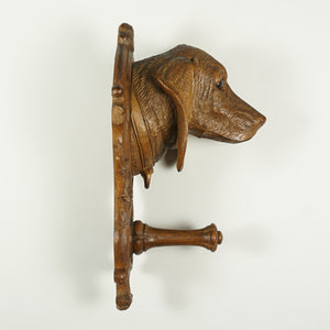 Antique Black Forest Hand Carved Wood Figural Dog Head Coat Hook, Wall Mount, Glass Eyes