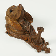 Load image into Gallery viewer, Antique Black Forest Hand Carved Wood Figural Dog Head Coat Hook, Wall Mount, Glass Eyes