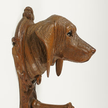 Load image into Gallery viewer, Antique Black Forest Hand Carved Wood Figural Dog Head Coat Hook, Wall Mount, Glass Eyes