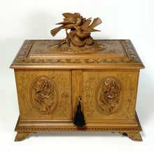 Load image into Gallery viewer, Antique Swiss Black Forest Hand Carved Wood Cigar Cabinet Box, Birds