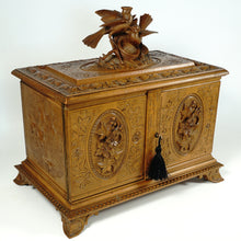 Load image into Gallery viewer, Antique Swiss Black Forest Hand Carved Wood Cigar Cabinet Box, Birds
