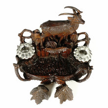 Load image into Gallery viewer, Antique Black Forest Double Inkwell, Hand Carved Wood Ibex Figure