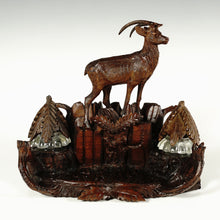 Load image into Gallery viewer, Antique Black Forest Double Inkwell, Hand Carved Wood Ibex Figure
