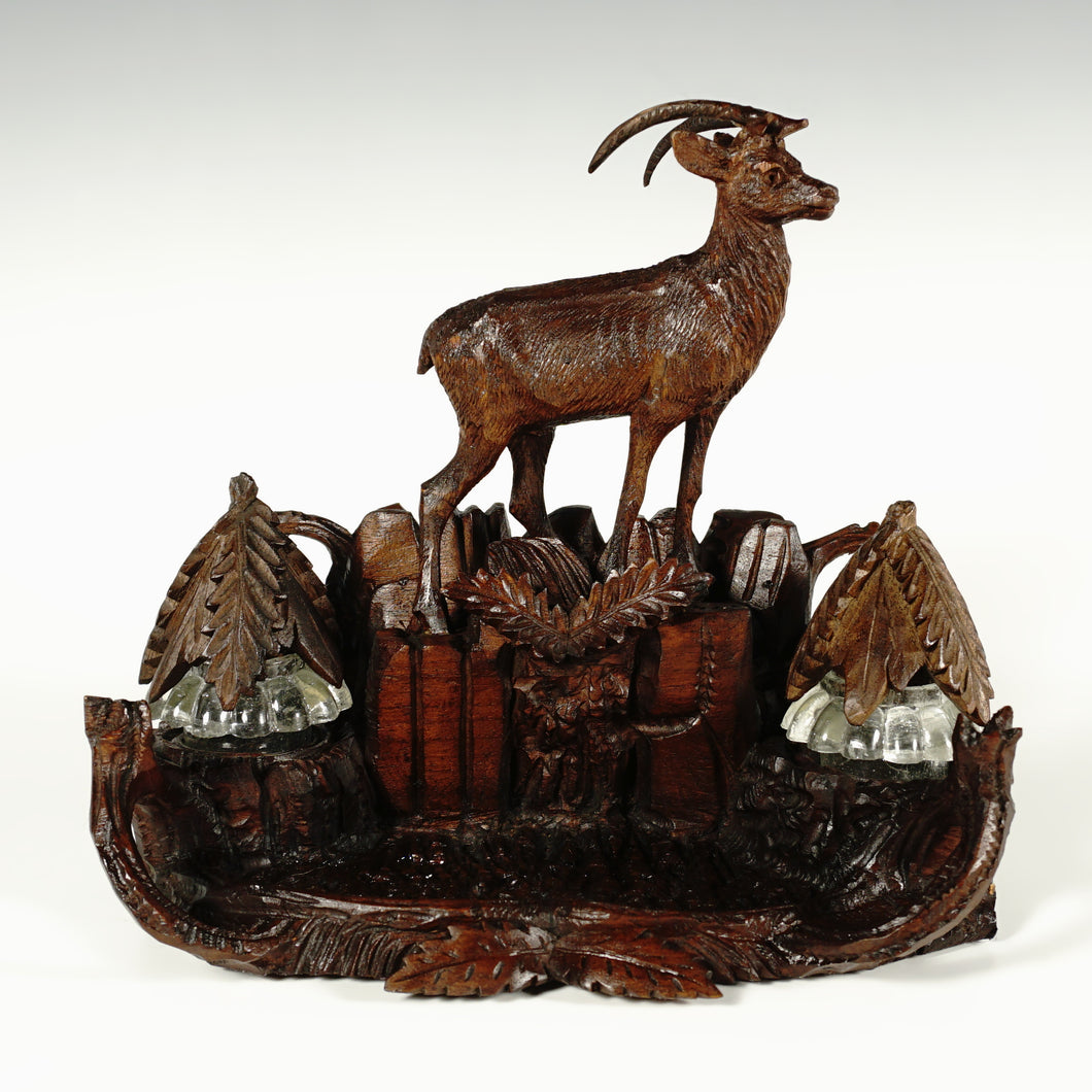 Antique Black Forest Double Inkwell, Hand Carved Wood Ibex Figure