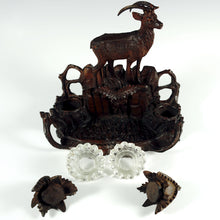 Load image into Gallery viewer, Antique Black Forest Double Inkwell, Hand Carved Wood Ibex Figure
