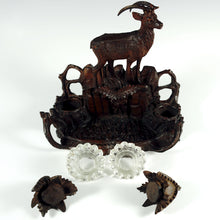 Load image into Gallery viewer, Antique Black Forest Double Inkwell, Hand Carved Wood Ibex Figure
