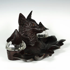Antique Black Forest Carved Wood Inkwell, Fox Head Glass Eyes