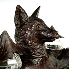 Load image into Gallery viewer, Antique Black Forest Carved Wood Inkwell, Fox Head Glass Eyes