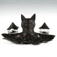 Load image into Gallery viewer, Antique Black Forest Carved Wood Inkwell, Fox Head Glass Eyes
