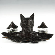 Load image into Gallery viewer, Antique Black Forest Carved Wood Inkwell, Fox Head Glass Eyes