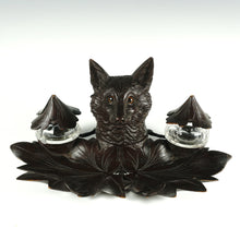 Load image into Gallery viewer, Antique Black Forest Carved Wood Inkwell, Fox Head Glass Eyes