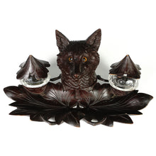 Load image into Gallery viewer, Antique Black Forest Carved Wood Inkwell, Fox Head Glass Eyes
