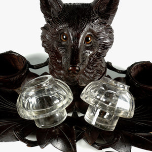 Antique Black Forest Carved Wood Inkwell, Fox Head Glass Eyes