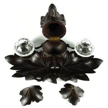 Load image into Gallery viewer, Antique Black Forest Carved Wood Inkwell, Fox Head Glass Eyes

