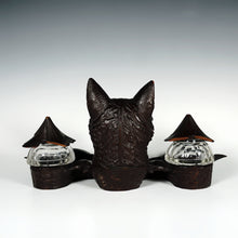 Load image into Gallery viewer, Antique Black Forest Carved Wood Inkwell, Fox Head Glass Eyes
