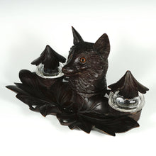 Load image into Gallery viewer, Antique Black Forest Carved Wood Inkwell, Fox Head Glass Eyes