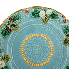 Load image into Gallery viewer, Antique French Majolica Sarreguemines Blue Plate with Strawberries