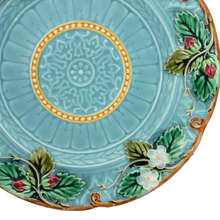 Load image into Gallery viewer, French Sarreguemines Majolica Plate Turquoise Blue Art Nouveau Strawberry 19thc Barbotine