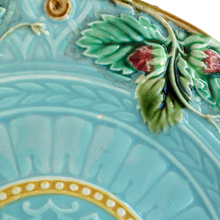Load image into Gallery viewer, French Sarreguemines Majolica Plate Turquoise Blue Art Nouveau Strawberry 19thc Barbotine