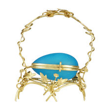 Load image into Gallery viewer, Antique French Palais Royal Blue Opaline Glass Egg Box Casket Gilt Ormolu Stand