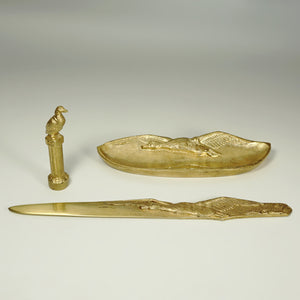 Antique French Signed Bronze Desk Set, Duck Figure, Art Nouveau Wax Seal, Tray, Letter Opener