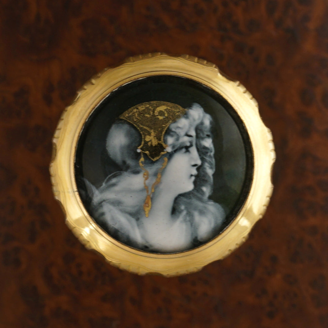 Antique French Gilt Ormolu Limoges Enamel on Copper Miniature Portrait Plaque Parasol Dress Cane Handle
